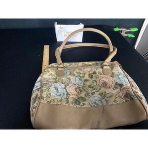 Vintage‎ Floral Tapestry Satchel Bag Beige Leather Trim Top Handle Purse Women